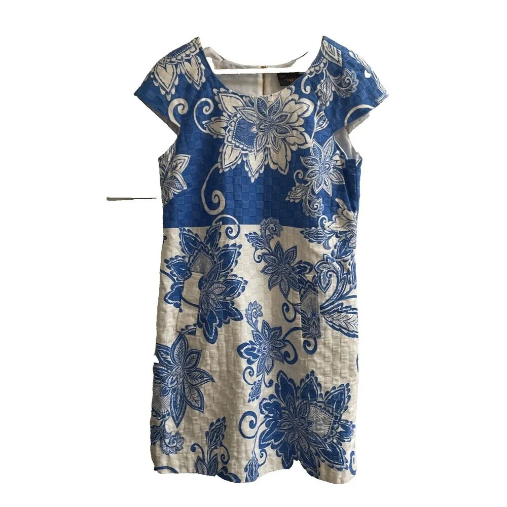 Just Taylor Dress Floral Blue & White Sheath‎ Shift Cap Sleeve Sz 12